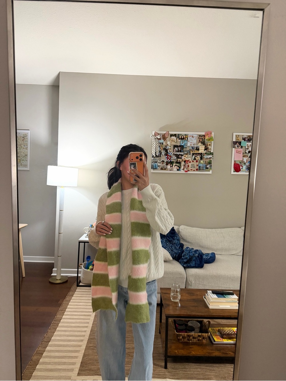 Green and pink striped chunky scarf